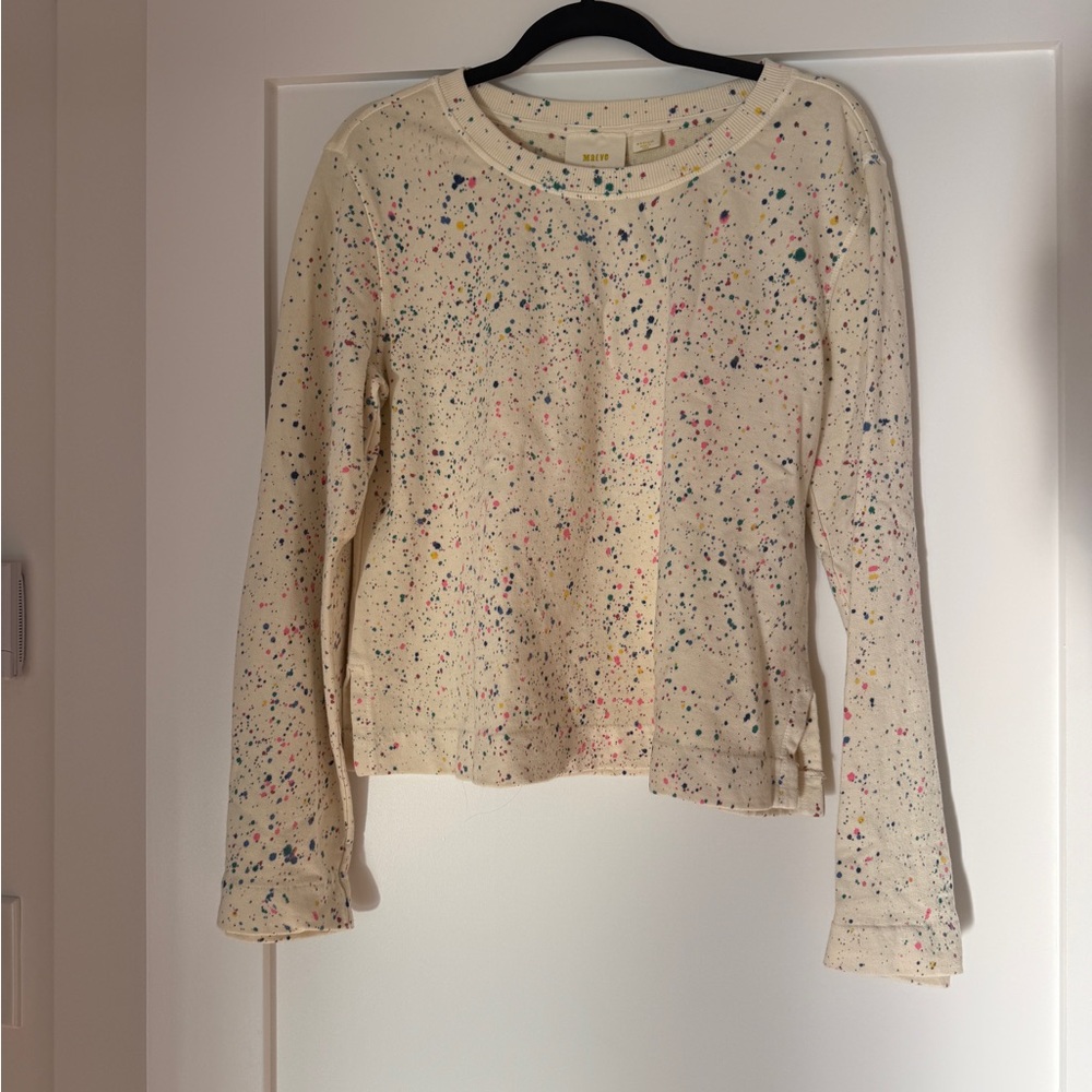 Anthropologie Maeve Cream Multicolor Splatter Top with bell sleeves